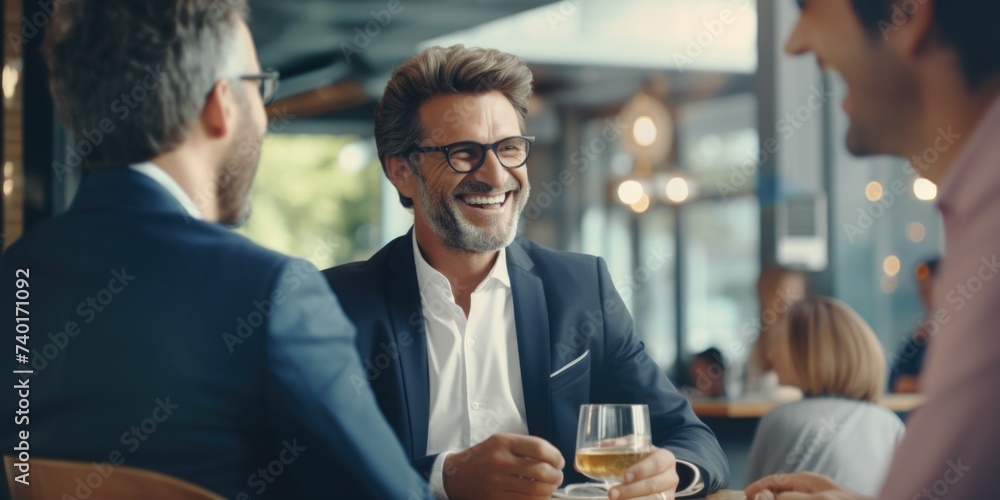 Two men engaged in conversation at a table. Suitable for business presentations