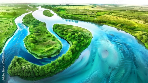 Watercolor summer river landscape vector illustration 