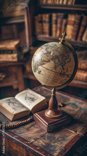 Vintage globe and old books on the table in library. Travel concept