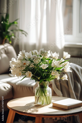 Spring flowers bouquet in vase on table in living room