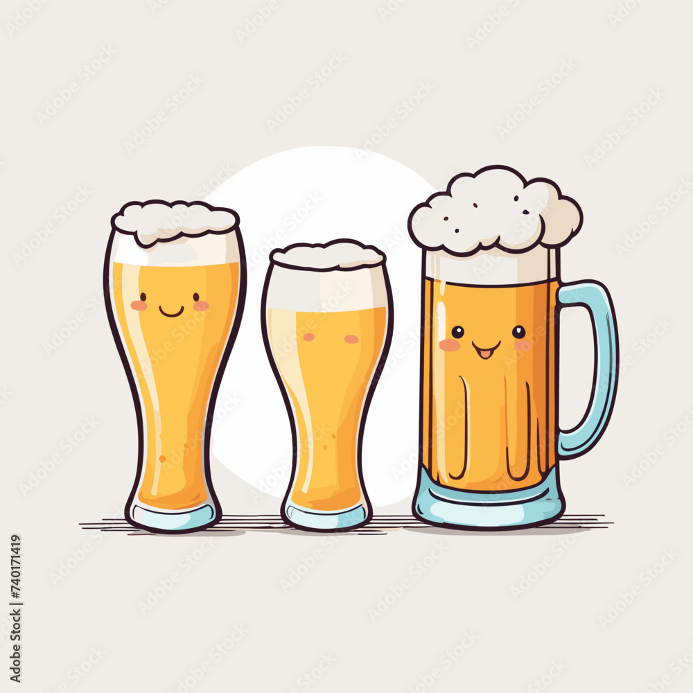 Three cartoon beer glasses with smiling faces, each with a frothy head, radiating a cheerful and playful mood on a plain background. Three cartoon beer glasses with smiling faces, each with a frothy head, radiating a cheerful and playful mood on a plain background.