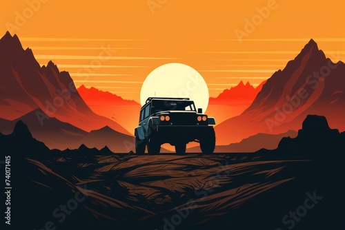  Minimalist illustration of a lone off-road vehicle silhouette against a backdrop of towering mountains and a setting sun