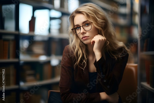 Intelligent blonde student lost in thought surrounded by books in a modern campus library. Concept Academic Research, University Life, Student Lifestyle, Education Resources, Campus Environment