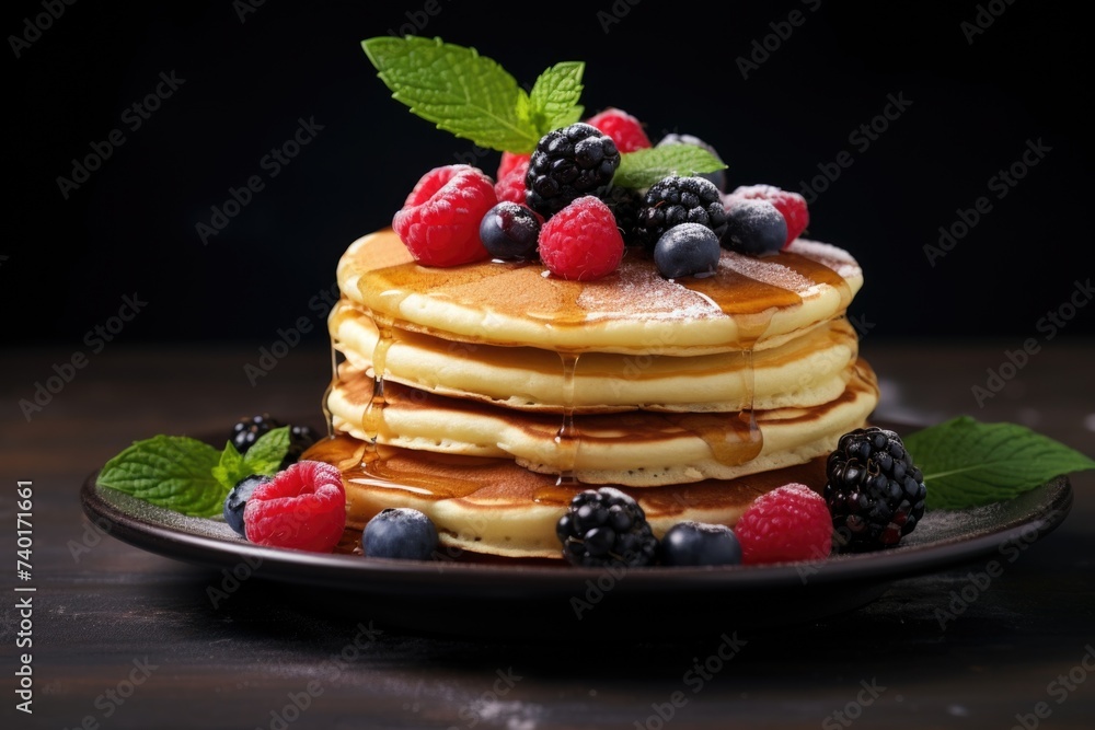 Delicious stack of pancakes topped with fresh berries and syrup. Perfect for breakfast menu design Delicious stack of pancakes topped with fresh berries and syrup. Perfect for breakfast menu design