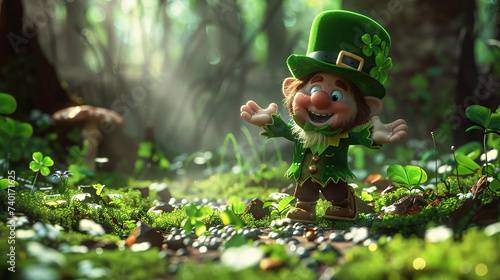 A cute 3D cartoon leprechaun in a forest, St Patrick's Day photo