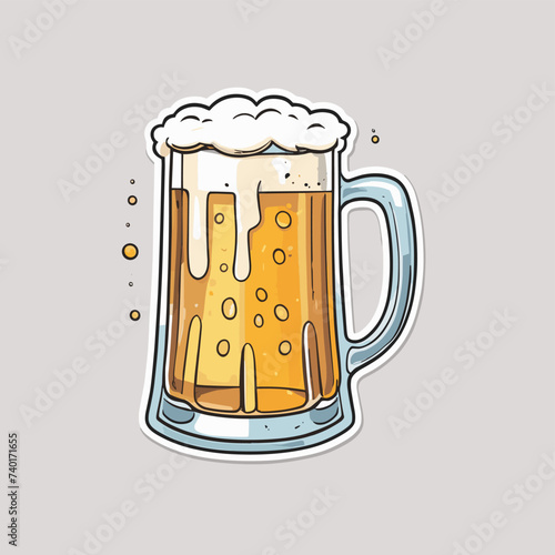 Illustration of a frothy beer mug with golden amber liquid and bubbles on a light grey background, showcasing a refreshing beer concept.