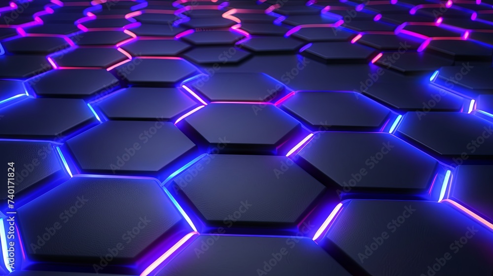 Hexagonal plates are laid out in mosaic and glow around the perimeter of the figures. Bright technological background. Illustration for banner, poster, cover, brochure or presentation. - obrazy, fototapety, plakaty 