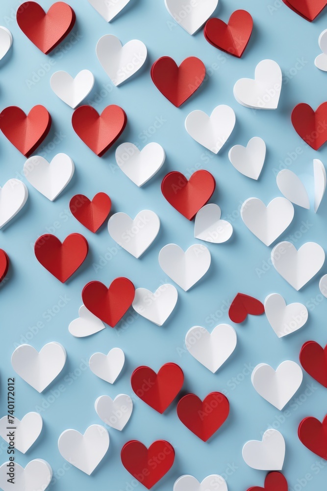 Red and white paper hearts on a blue background. Perfect for Valentine's Day cards or wedding invitations