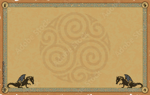 Large Parchment with Medieval Frame, Dragons, Celtic Spirals
