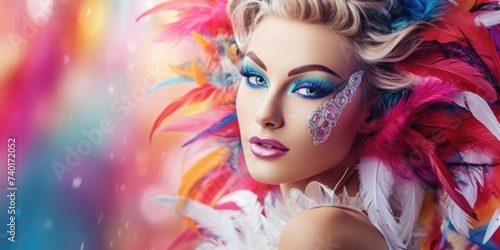 A woman with vibrant makeup and feathers on her head. Ideal for beauty or fashion concepts