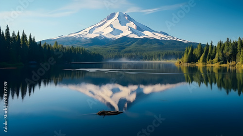 Mountain landscape panoramic,,
 Hood reflection in Trillium lake
 photo