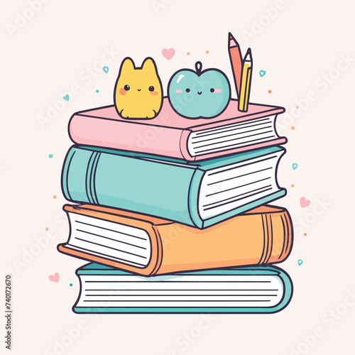 Cute illustrated stack of pastel-colored books with playful characters, including a yellow cat, a green apple, and two pencils adding whimsy atop.