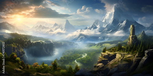 Fantasy alien planet Mountain and lake 3D illustration Fantasy landscape with mountains and river.