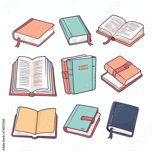 Illustration of various closed and open books with colorful covers and bookmarks on a white background.