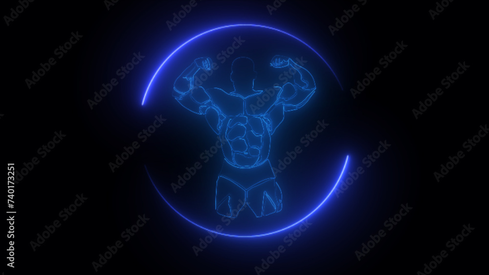 Muscle man neon sign. Bright glowing symbol on a black background. Neon style icon.