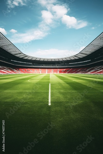 An empty soccer stadium with green grass and red seats. Perfect for sports or event concepts