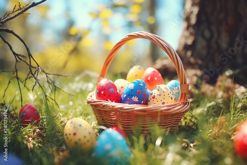 A basket filled with colorful Easter eggs in the grass. Perfect for Easter holiday designs