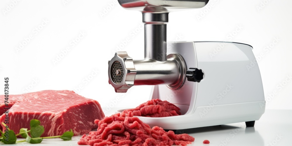 A meat grinder sitting next to a pile of meat. Suitable for food industry concepts