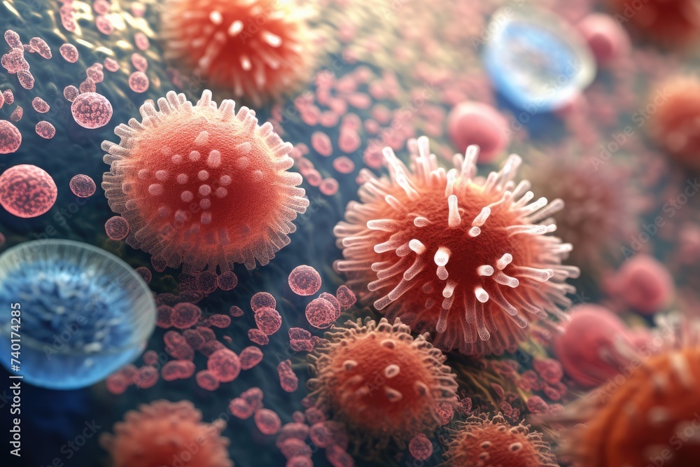 Molecular structure of cancer, blood, bacteries, inside view of healthy humany body. Generative Ai.