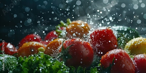 Fresh vegetables and fruits in water, with water drops , natural and organic , background .