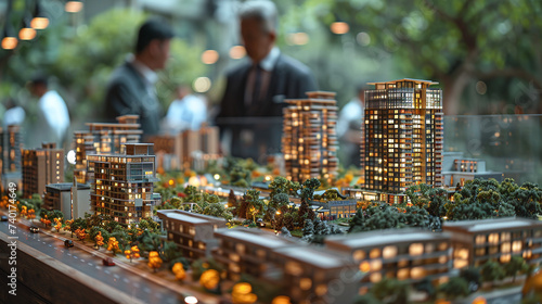 Model of a residential complex and park in an office or business center. Meeting of businessmen regarding the construction of a new residential complex