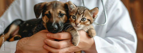 the veterinarian holds a cat and a dog in his hands