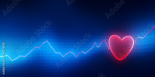 Illustration of a human heart on the background of a glowing heart rate graphic.
