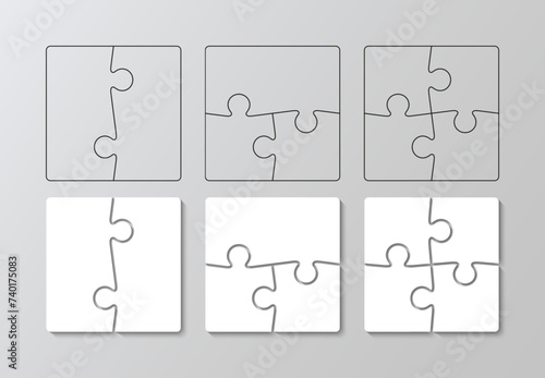 Scheme for thinking game. Puzzle pieces filled and outline. Simple mosaic background with separate details. Jigsaw grids set. Cutting template. Vector illustration.