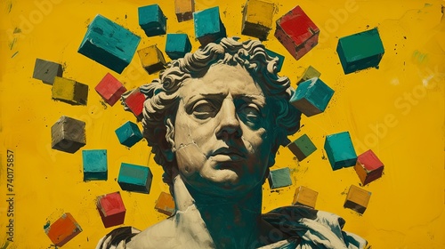 Wallpaper Mural Artistic composition with floating cubes and sculpted male head in antique (Greek, Roman) style. Beauty in stone. Illustration for cover, postcard, greeting card, interior design, etc. Torontodigital.ca