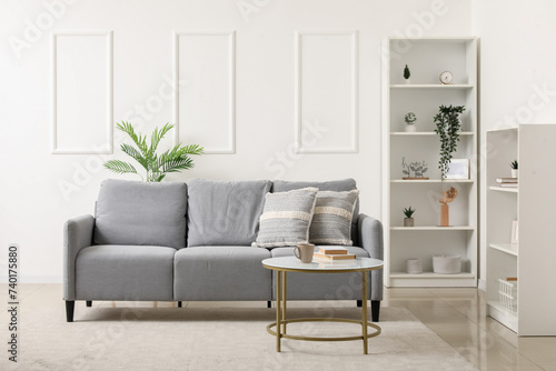 Interior of light living room with grey sofa  table and shelf units