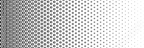 horizontal black halftone of bitcoin currency sign coin design for pattern and background.