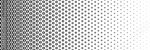 horizontal black halftone of dollar currency sign coin design for pattern and background.