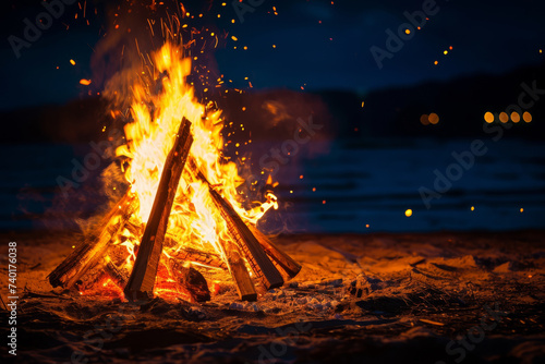 At a campsite under the cover of night, a bonfire crackles and roars, its orange flames dancing as burning wood fuels the warmth and camaraderie of outdoor adventures.
