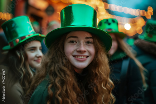 Crowd of joyful students in green on the street celebrating St. Patrick's Day 