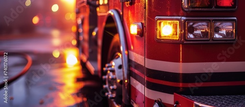 A detailed view of a fire truck with its emergency lights on, showcasing its readiness for responding to rescue calls. photo
