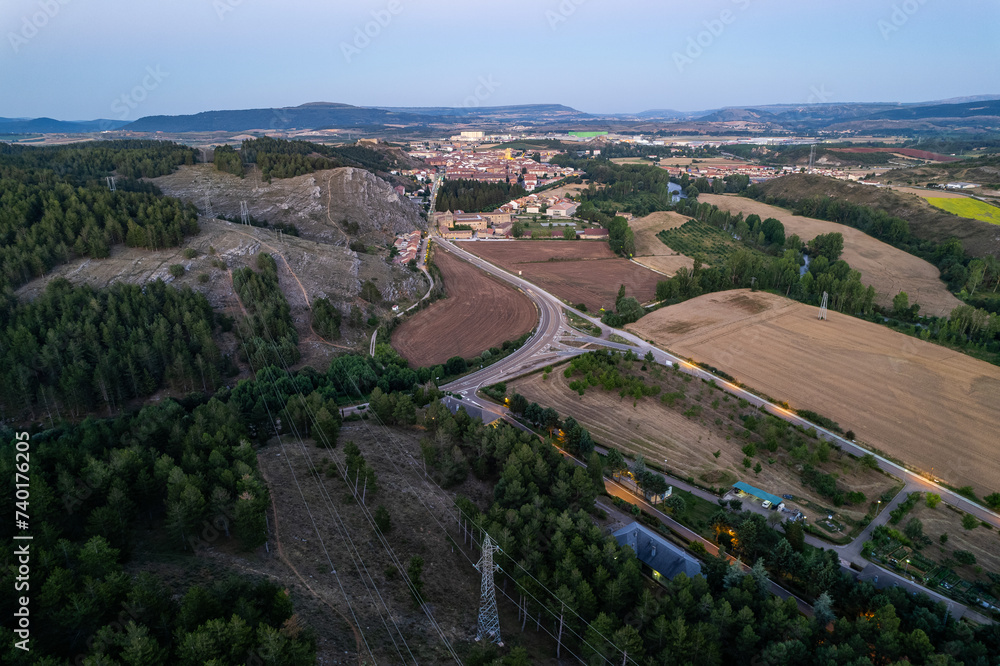 Aerial view of city Aguilar de Campoo in summer evening, Spain, Europe