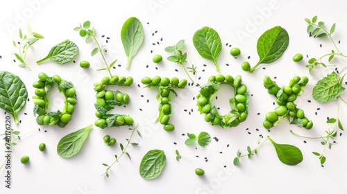 creative arrangement peas and leaves forming a word Detox.