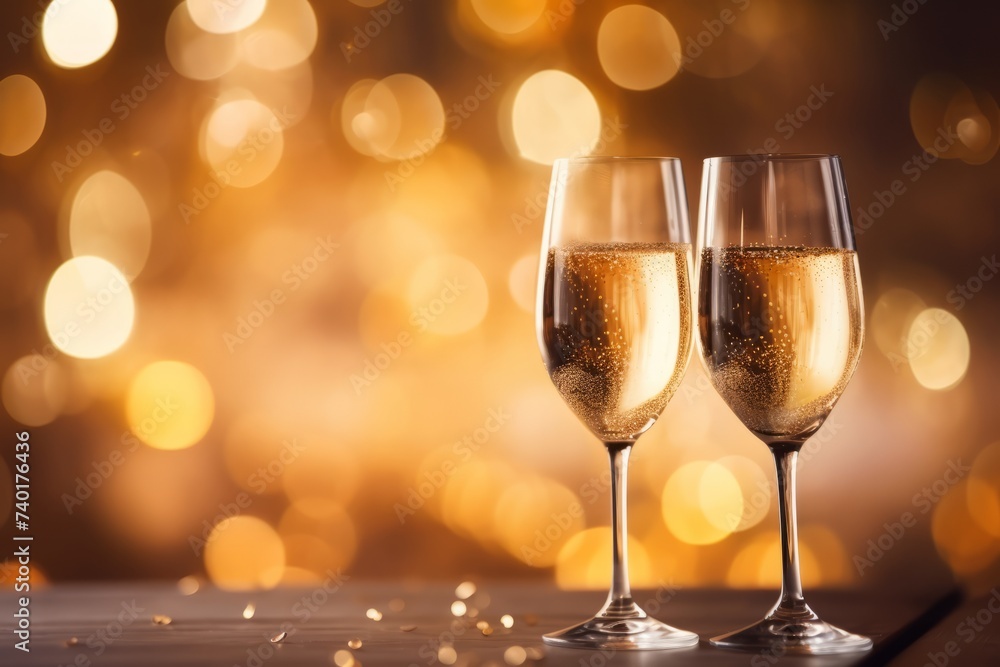 Close up two glasses of champagne with bubbles stand against a background of blurry cool bokeh with copy space. Concept for New Year celebration, Valentine's day, romantic date, wedding anniversary Close up two glasses of champagne with bubbles stand against a background of blurry cool bokeh with copy space. Concept for New Year celebration, Valentine's day, romantic date, wedding anniversary