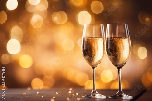 Close up two glasses of champagne with bubbles stand against a background of blurry cool bokeh with copy space. Concept for New Year celebration, Valentine's day, romantic date, wedding anniversary