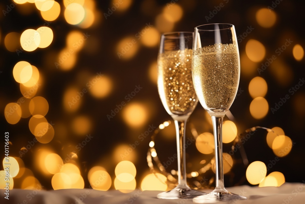Close up two glasses of champagne with bubbles stand against a background of blurry cool bokeh with copy space. Concept for New Year celebration, Valentine's day, romantic date, wedding anniversary Close up two glasses of champagne with bubbles stand against a background of blurry cool bokeh with copy space. Concept for New Year celebration, Valentine's day, romantic date, wedding anniversary