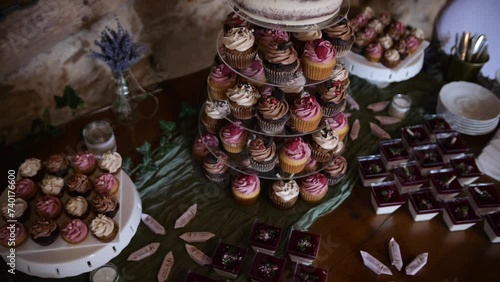 Gourmet dessert table with an assortment of cupcakes and berry gelatin at a stylish event