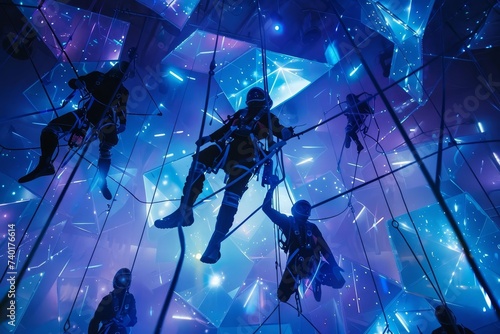 Zero gravity dance performance in a space-themed venue Where dancers use harnesses to create the illusion of dancing in space