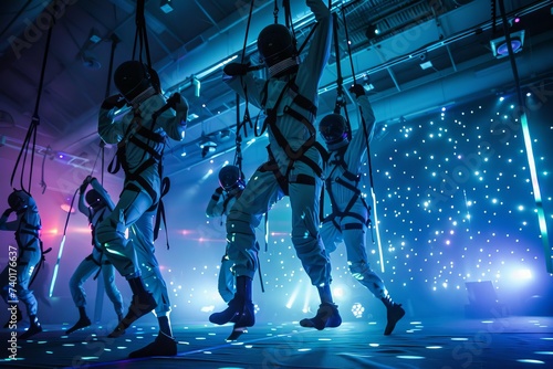 Zero gravity dance performance in a space-themed venue Where dancers use harnesses to create the illusion of dancing in space