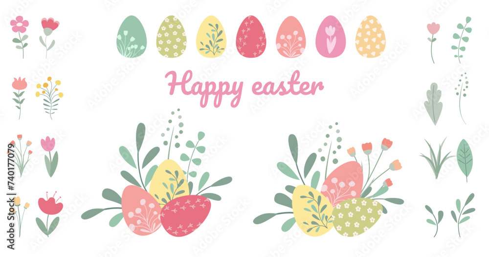 Cute easter collection in simple design. Set of flowers, leaves and easter eggs for posters, cards and printing.
