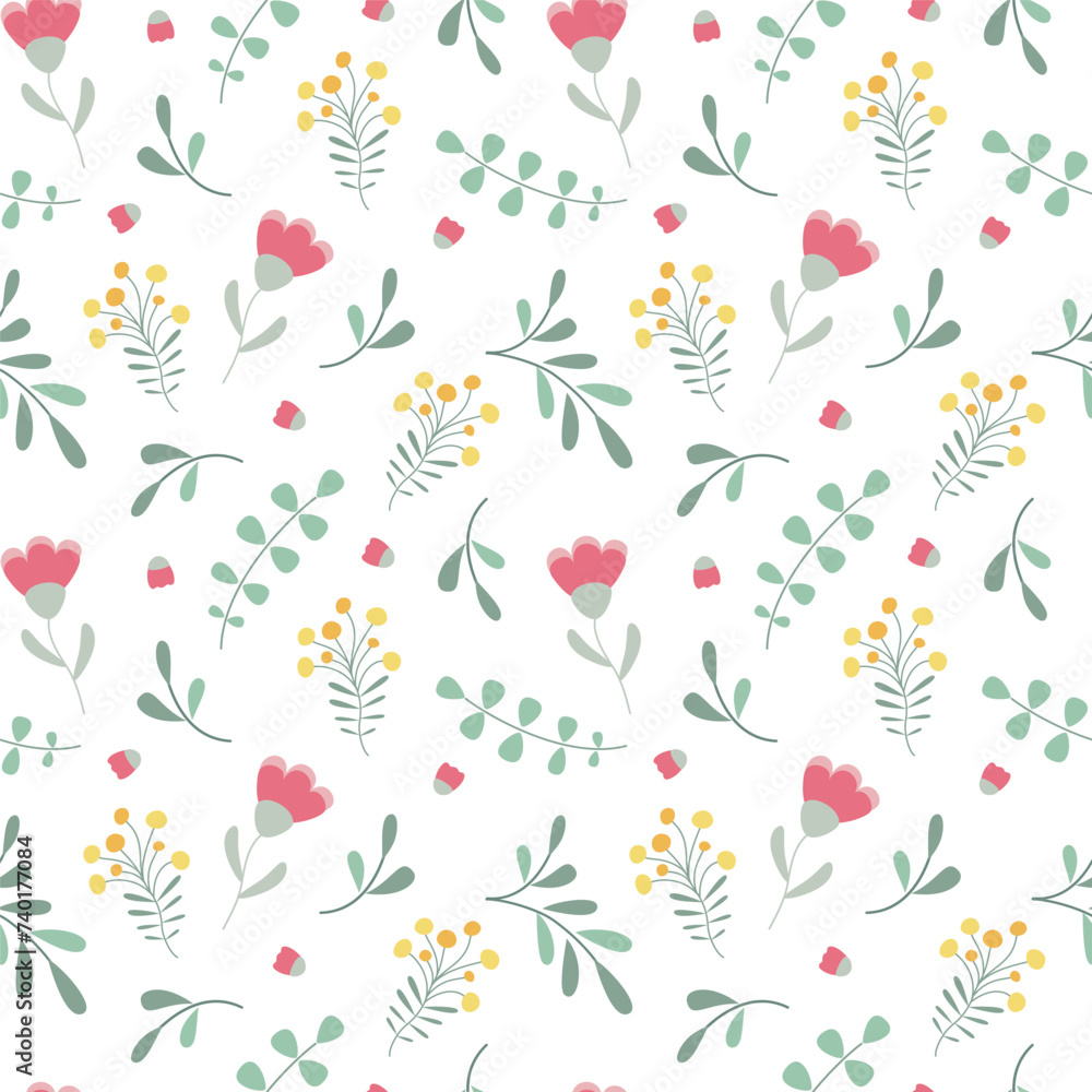 Floral seamless pattern in flat design. Cute vector illustration with flowers and leaves.
Floral seamless pattern in flat design. Cute vector illustration with flowers and leaves.