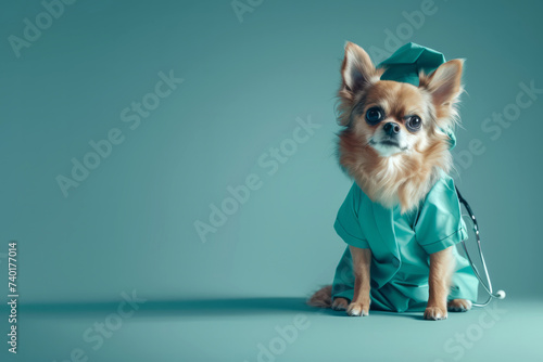 Little chihuahua dog dressed in vet outfit with stethoscope sitting on empty light blue-green blank background with space for text or inscriptions.Dog medicine theme 