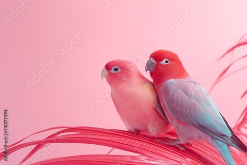 Two colorful birds with stunning plumage are sitting gracefully on top of a vibrant pink plant, showcasing natures beauty and contrast in colors © AI Exclusive 