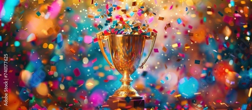A gold trophy cup winner with confetti and sparkling glitter for celebration. Generated AI image