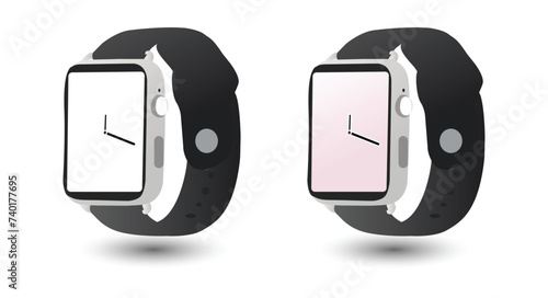 Isolated against a white background, a set of realistic 3D smart watches in various positions. Illustration in vector format
