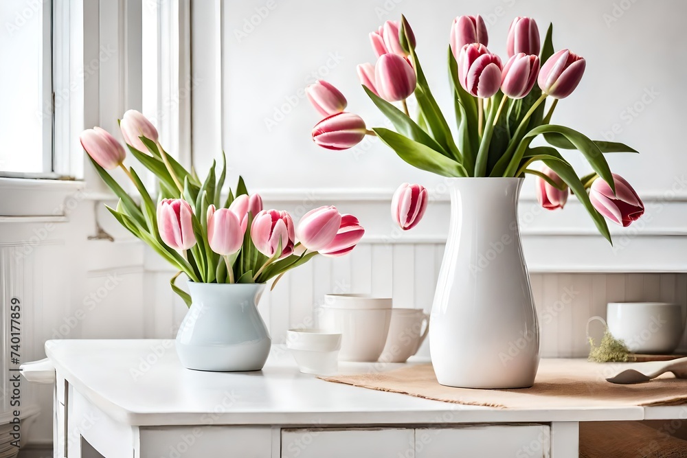 bouquet of tulips, Pink tulips bloom elegantly in a white vintage vase, adding a touch of charm to a European Scandinavian styled interior